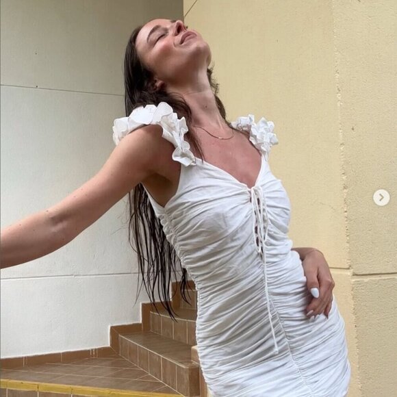 Zara Draped Linen Blend Ruched Mini Dress Ecru White Size Small - Picture 4 of 10